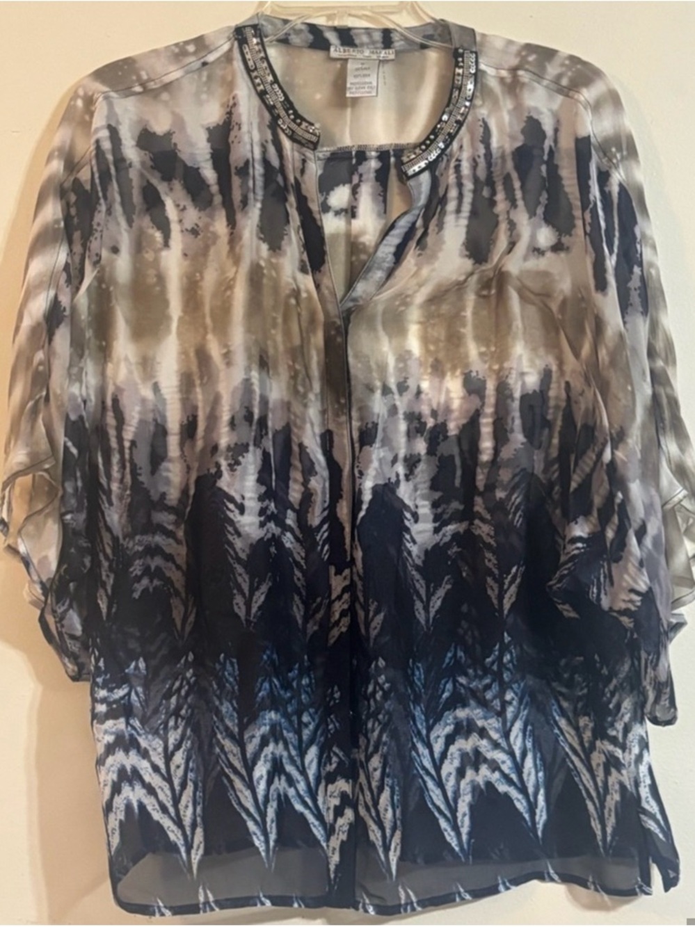 Alberto Makali Navy, Taupe and Cream 100% SILk Blouse with Beaded Neckline